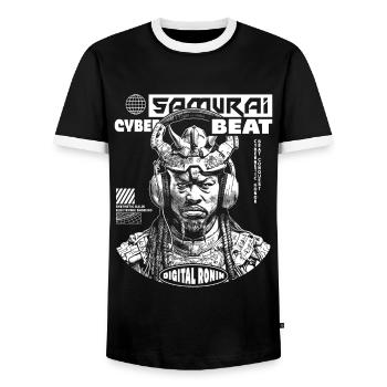 Samurai Tech: Music T-Shirt for Sci-Fi Fans - Men's Ringer Shirt - black/white - Front - AI Model Female 172 light (172cm) & AI Model Male 178 light (178cm)