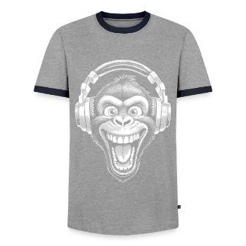 Pop Culture Shirt: Monkey DJ with Wide Eyes - Men's Ringer Shirt - grey/navy  - Front - AI Model Female 172 light (172cm) & AI Model Male 178 light (178cm)