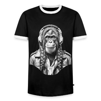 Monkey head in heavy metal style on shirt - Men's Ringer Shirt - black/white - Front - AI Model Female 172 light (172cm) & AI Model Male 178 light (178cm)