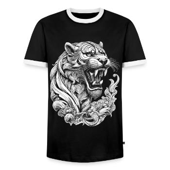 Urban streetwear shirt with tiger print - Men's Ringer Shirt - black/white - Front - AI Model Female 172 light (172cm) & AI Model Male 178 light (178cm)