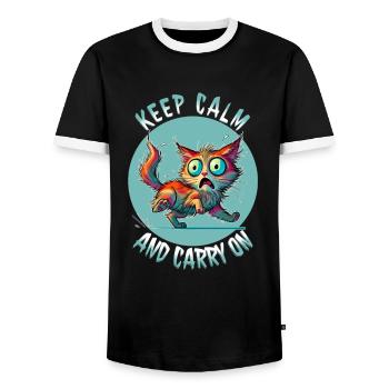 Keep Calm and Carry On - Erschreckte Katze & Weish - Männer Kontrast-T-Shirt - Schwarz/Weiß - Vorne - AI Model Female 172 light (172cm) & AI Model Male 178 light (178cm)