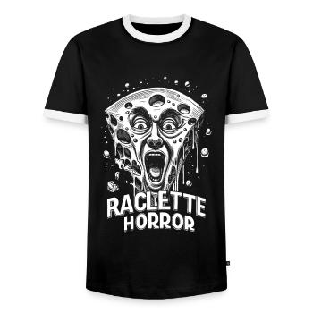 Raclette Horror T-Shirt: Creepy Cheese Shock - Men's Ringer Shirt - black/white - Front - AI Model Female 172 light (172cm) & AI Model Male 178 light (178cm)