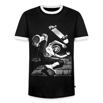 Skater-Sturz-Shirt: Humor trifft Härte - Männer Kontrast-T-Shirt - Schwarz/Weiß - Vorne - AI Model Female 172 light (172cm) & AI Model Male 178 light (178cm)