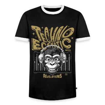 Revelation shirt: Monkey grins to techno samples - Men's Ringer Shirt - black/white - Front - AI Model Female 172 light (172cm) & AI Model Male 178 light (178cm)