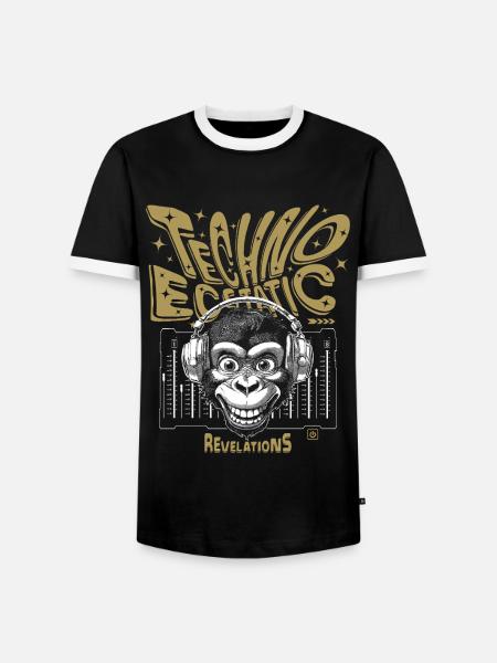 Offenbarungs-Shirt: Affe grinst zu Techno-Samples - Männer Kontrast-T-Shirt - Schwarz/Weiß