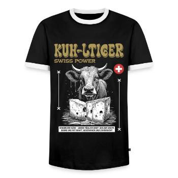 KUH-LTIGER Swiss Power: Urbanes Käse Shirt - Männer Kontrast-T-Shirt - Schwarz/Weiß - Vorne - AI Model Female 172 light (172cm) & AI Model Male 178 light (178cm)