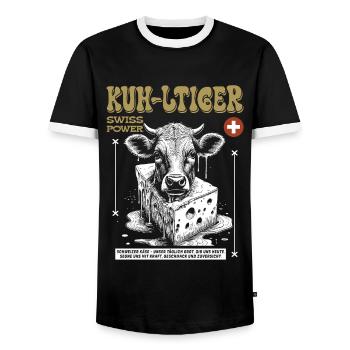 Schweizer Käse Shirt: Kuh, Genuss & Heimatgefühl - Männer Kontrast-T-Shirt - Schwarz/Weiß - Vorne - AI Model Female 172 light (172cm) & AI Model Male 178 light (178cm)