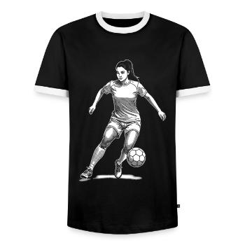 Footballer Shirt: Eye for the Game, Ball at Your Feet - Men's Ringer Shirt - black/white - Front - AI Model Female 172 light (172cm) & AI Model Male 178 light (178cm)