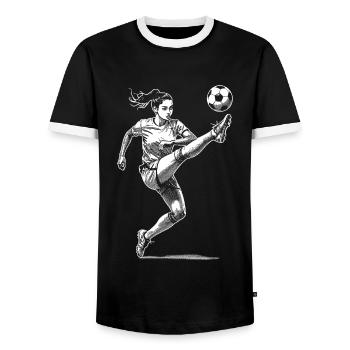 Football féminin avec un but : tir, tension, but - T-shirt contrasté Homme - noir/blanc - Devant - AI Model Female 172 light (172cm) & AI Model Male 178 light (178cm)