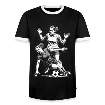 Physical effort! Women's soccer shirt with ball. - Men's Ringer Shirt - black/white - Front - AI Model Female 172 light (172cm) & AI Model Male 178 light (178cm)