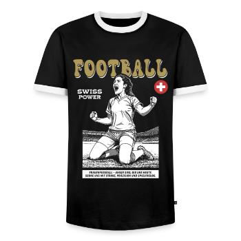 Swiss Fußballspielerin Shirt: Taktik und Timing - Männer Kontrast-T-Shirt - Schwarz/Weiß - Vorne - AI Model Female 172 light (172cm) & AI Model Male 178 light (178cm)