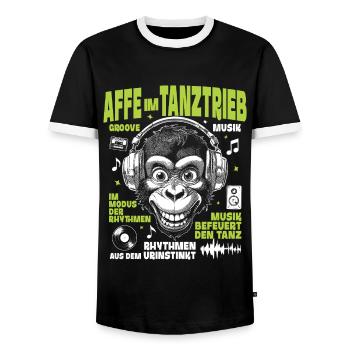 Tanztrieb Groove Shirt: Affe mit Musikblick - Männer Kontrast-T-Shirt - Schwarz/Weiß - Vorne - AI Model Female 172 light (172cm) & AI Model Male 178 light (178cm)
