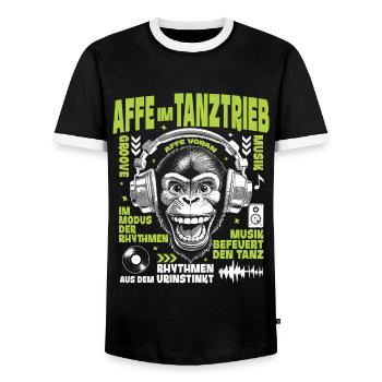 Cassette Cult Shirt: Old School Monkey Party Groove - Men's Ringer Shirt - black/white - Front - AI Model Female 172 light (172cm) & AI Model Male 178 light (178cm)