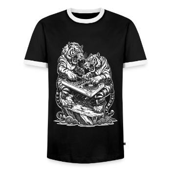 Streetwear Shirt: Tiger DJ Power für Musikfans - Männer Kontrast-T-Shirt - Schwarz/Weiß - Vorne - AI Model Female 172 light (172cm) & AI Model Male 178 light (178cm)