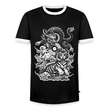 Streetwear Shirt: Dragon Meets Tiger on Vinyl - Men's Ringer Shirt - black/white - Front - AI Model Female 172 light (172cm) & AI Model Male 178 light (178cm)