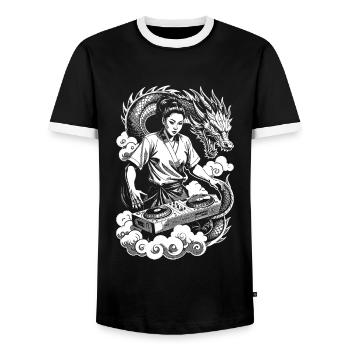Heroine Shirt: Magic DJ Controller with Dragon - Men's Ringer Shirt - black/white - Front - AI Model Female 172 light (172cm) & AI Model Male 178 light (178cm)