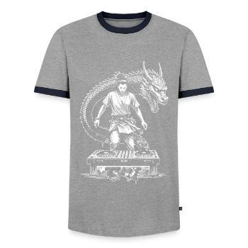 Manga Shirt: Samurai DJ under the spell of the dragon - Men's Ringer Shirt - grey/navy  - Front - AI Model Female 172 light (172cm) & AI Model Male 178 light (178cm)