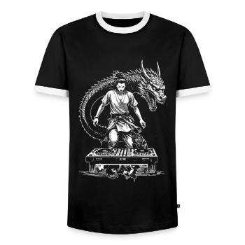 Chemise Manga : DJ samouraï sous le charme du dragon - T-shirt contrasté Homme - noir/blanc - Devant - AI Model Female 172 light (172cm) & AI Model Male 178 light (178cm)