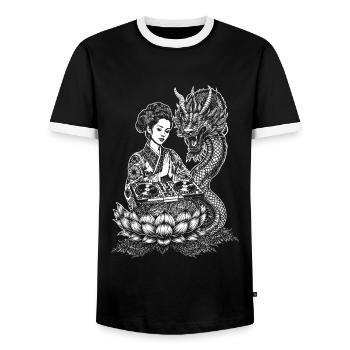 Chemise du festival Drachen : Geisha laisse tomber la techno - T-shirt contrasté Homme - noir/blanc - Devant - AI Model Female 172 light (172cm) & AI Model Male 178 light (178cm)
