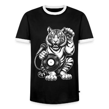 Comic Tiger Shirt: Musik, Groove und Schallplatte - Männer Kontrast-T-Shirt - Schwarz/Weiß - Vorne - AI Model Female 172 light (172cm) & AI Model Male 178 light (178cm)
