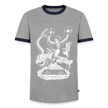 Open-Air Shirt: Geisha mit Vinyls am DJ-Pult - Männer Kontrast-T-Shirt - Grau/Navy  - Vorne - AI Model Female 172 light (172cm) & AI Model Male 178 light (178cm)
