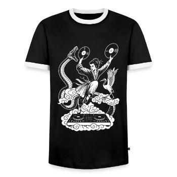 Chemise en plein air : Geisha avec des vinyles à la cabine du DJ - T-shirt contrasté Homme - noir/blanc - Devant - AI Model Female 172 light (172cm) & AI Model Male 178 light (178cm)
