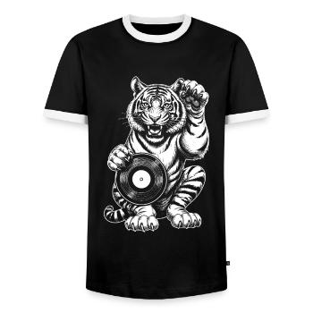 Comic Vinyl Shirt: Tiger roars to the hip-hop beat - Men's Ringer Shirt - black/white - Front - AI Model Female 172 light (172cm) & AI Model Male 178 light (178cm)