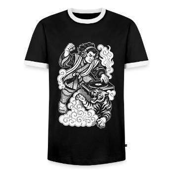 Samurai Shirt: Turntable with Techno & Tiger - Men's Ringer Shirt - black/white - Front - AI Model Female 172 light (172cm) & AI Model Male 178 light (178cm)