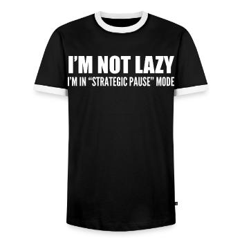 I'm not lazy i'm in 'strategic pause' mode - Men's Ringer Shirt - black/white - Front - AI Model Female 172 light (172cm) & AI Model Male 178 light (178cm)