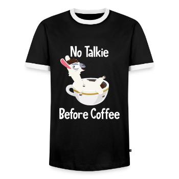 No Talkie Before Coffee Vicuna Guanaco Llama - Men's Ringer Shirt - black/white - Front - AI Model Female 172 light (172cm) & AI Model Male 178 light (178cm)