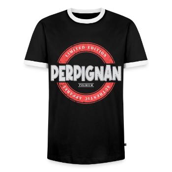 Perpignan France City Skyline Home Love - Men's Ringer Shirt - black/white - Front - AI Model Female 172 light (172cm) & AI Model Male 178 light (178cm)