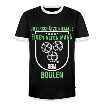 Unterschätze niemals alten Mann beim Boulen Boccia - Männer Kontrast-T-Shirt - Schwarz/Weiß - Vorne - AI Model Female 172 light (172cm) & AI Model Male 178 light (178cm)