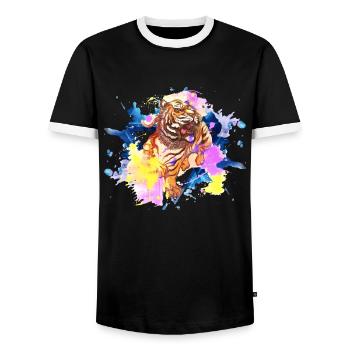 Tiger Splash Grunge Colorful Animal Predator Art - Men's Ringer Shirt - black/white - Front - AI Model Female 172 light (172cm) & AI Model Male 178 light (178cm)