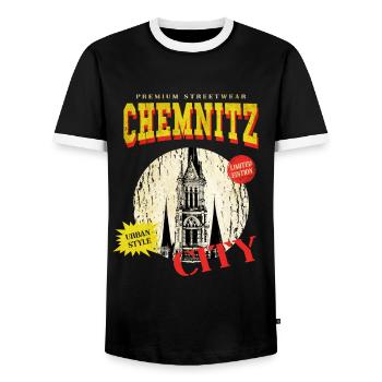 Chemnitz Germany City Skyline Vintage Retro - Men's Ringer Shirt - black/white - Front - AI Model Female 172 light (172cm) & AI Model Male 178 light (178cm)