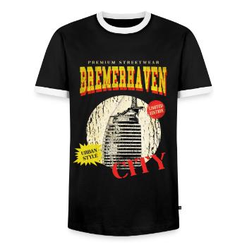 Bremerhaven Germany City Skyline Vintage - Men's Ringer Shirt - black/white - Front - AI Model Female 172 light (172cm) & AI Model Male 178 light (178cm)