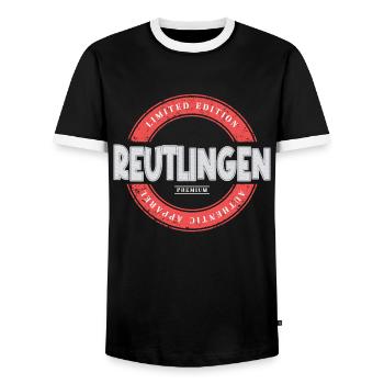 Reutlingen Germany City Skyline Home Love - Men's Ringer Shirt - black/white - Front - AI Model Female 172 light (172cm) & AI Model Male 178 light (178cm)