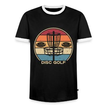 Retro Frisbee Golf Basket Disc Disc Golfer - Men's Ringer Shirt - black/white - Front - AI Model Female 172 light (172cm) & AI Model Male 178 light (178cm)