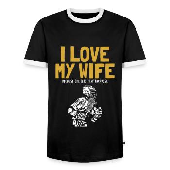 I Love My Wife Lacrosse Intercrosse Lax Spieler - Männer Kontrast-T-Shirt - Schwarz/Weiß - Vorne - AI Model Female 172 light (172cm) & AI Model Male 178 light (178cm)