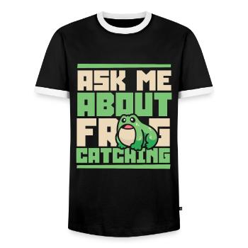 Ask Me About Frog Catching Tadpole Toad - Men's Ringer Shirt - black/white - Front - AI Model Female 172 light (172cm) & AI Model Male 178 light (178cm)