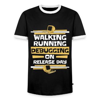 Walking Running Debugging Release Day Coder - Men's Ringer Shirt - black/white - Front - AI Model Female 172 light (172cm) & AI Model Male 178 light (178cm)