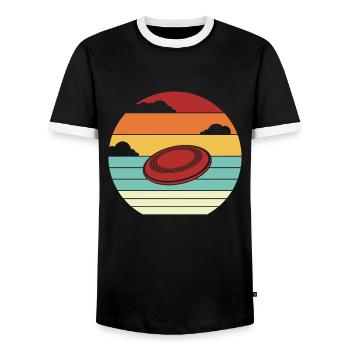 Retro Disc Golfer Frisbee Golf Basket Disc - Men's Ringer Shirt - black/white - Front - AI Model Female 172 light (172cm) & AI Model Male 178 light (178cm)