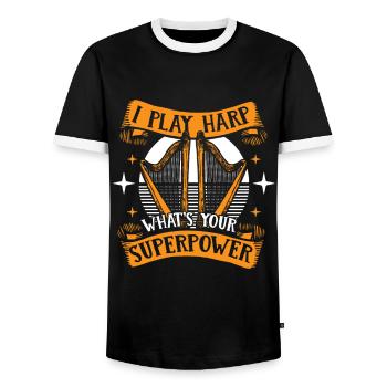I Play Harp What's Your Superpower Harfe - Men's Ringer Shirt - black/white - Front - AI Model Female 172 light (172cm) & AI Model Male 178 light (178cm)
