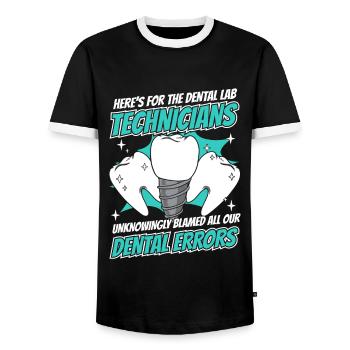 All Our Dental Errors Dental Laboratory Dental Laboratory - Men's Ringer Shirt - black/white - Front - AI Model Female 172 light (172cm) & AI Model Male 178 light (178cm)