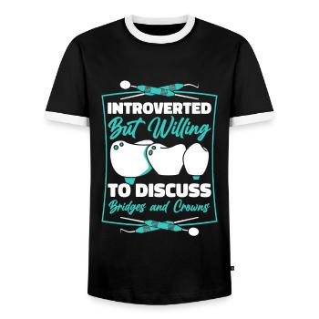 Introverti mais prêt à discuter des couronnes de ponts - T-shirt contrasté Homme - noir/blanc - Devant - AI Model Female 172 light (172cm) & AI Model Male 178 light (178cm)