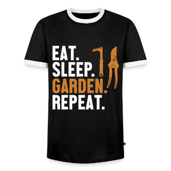 Eat Sleep Garden Repeat Allotment Garden Horticulture - Men's Ringer Shirt - black/white - Front - AI Model Female 172 light (172cm) & AI Model Male 178 light (178cm)