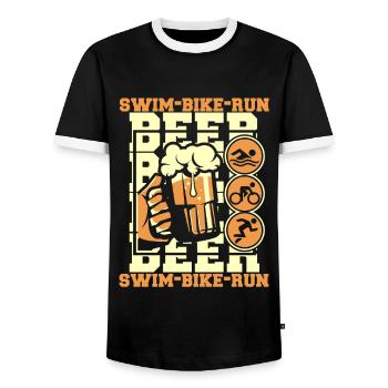 Swim Bike Run Beer Triathlete Training - Men's Ringer Shirt - black/white - Front - AI Model Female 172 light (172cm) & AI Model Male 178 light (178cm)
