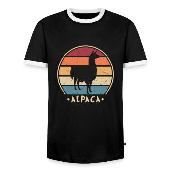 Retro Alpaca Pako Lama Huacaya Alpaca Breeder - Men's Ringer Shirt - black/white - Front - AI Model Female 172 light (172cm) & AI Model Male 178 light (178cm)