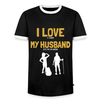 I love my Husband Hiking Trekking Mountain Hiking - Men's Ringer Shirt - black/white - Front - AI Model Female 172 light (172cm) & AI Model Male 178 light (178cm)
