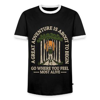 Great Adventure Feel Most Alive Mountain Hiking - Men's Ringer Shirt - black/white - Front - AI Model Female 172 light (172cm) & AI Model Male 178 light (178cm)