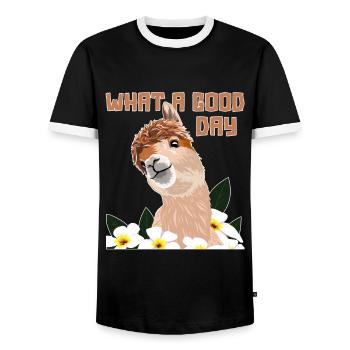 What A Good Day Pako Huacaya Lama Alpaca Breeder - Men's Ringer Shirt - black/white - Front - AI Model Female 172 light (172cm) & AI Model Male 178 light (178cm)